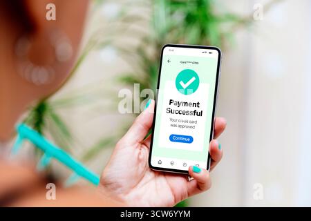 Successful digital payment confirmation on a mobile phone screen. Outdoors woman completing a purchase through her smartphone. Making a credit or debi Stock Photo