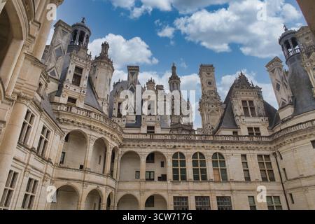 Chambord Castle Renaissance Rooftop - Grand low-angle view of the intricate roofline and multitude of decorative towers and chimneys of the French Ren Stock Photo