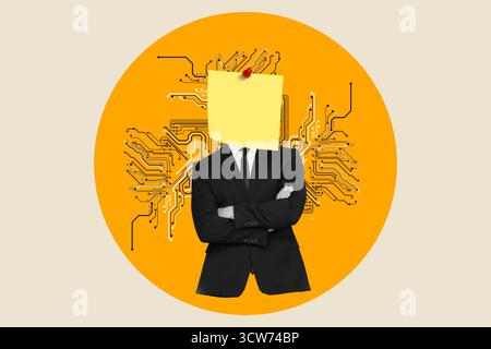 Collage of a man with a paper note holding by a red pushpin in the head on an orange circle with electronic circuits on a beige background Stock Photo