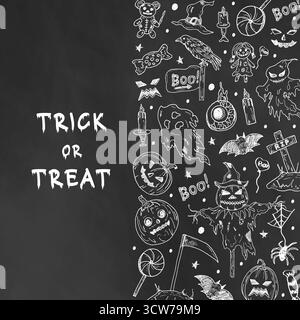 Black and white background for Halloween with images of pumpkins, ghosts, a scarecrow, birds, toys, and sweets. Hand-drawn outlines. Blank with space for text. Halloween template. Stock Vector