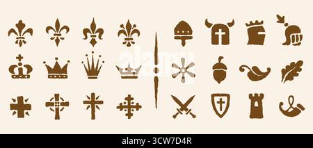 Heraldic symbols in the Romanesque style in the old paper background. Vector set vintage icons of historical Heraldic symbols. Stock Vector