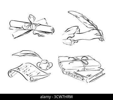 Set of scrolls, envelopes, and quills with ink bottles in whimsical line art. Quickly sketched vector illustration for wedding invitations, journaling Stock Vector