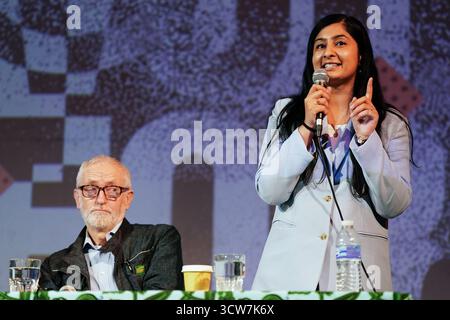 Jeremy Corbyn and Zarah Sultana take part in a discussion on Your Party, their new political party, at The World Transformed conference, at Niamos Radical Arts Centre in Hulme, Manchester. Picture date: Friday October 10, 2025. Stock Photo