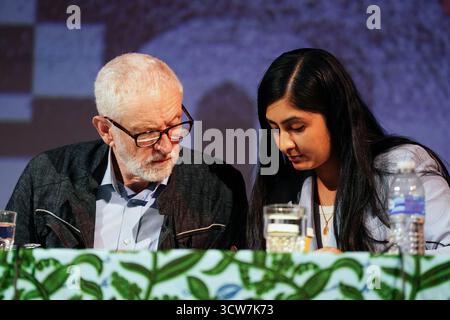 Jeremy Corbyn and Zarah Sultana take part in a discussion on Your Party, their new political party, at The World Transformed conference, at Niamos Radical Arts Centre in Hulme, Manchester. Picture date: Friday October 10, 2025. Stock Photo