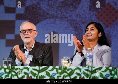 Jeremy Corbyn and Zarah Sultana take part in a discussion on Your Party, their new political party, at The World Transformed conference, at Niamos Radical Arts Centre in Hulme, Manchester. Picture date: Friday October 10, 2025. Stock Photo