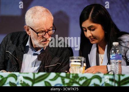 Jeremy Corbyn and Zarah Sultana take part in a discussion on Your Party, their new political party, at The World Transformed conference, at Niamos Radical Arts Centre in Hulme, Manchester. Picture date: Friday October 10, 2025. Stock Photo