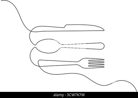 One line drawing of fork knife spoon minimal outline isolated vector design Stock Vector