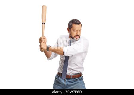 Man hitting with a baseball bat isolated on white background Stock Photo