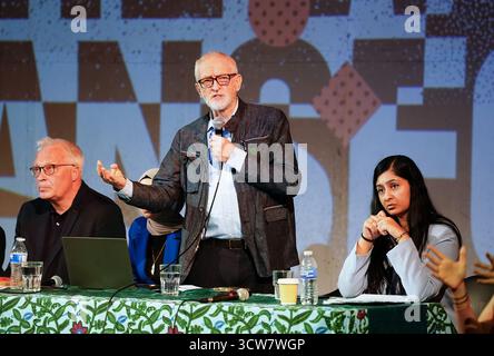 Jeremy Corbyn and Zarah Sultana take part in a discussion on Your Party, their new political party, at The World Transformed conference, at Niamos Radical Arts Centre in Hulme, Manchester. Picture date: Friday October 10, 2025. Stock Photo