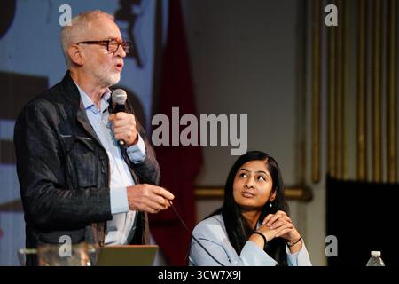 Jeremy Corbyn and Zarah Sultana take part in a discussion on Your Party, their new political party, at The World Transformed conference, at Niamos Radical Arts Centre in Hulme, Manchester. Picture date: Friday October 10, 2025. Stock Photo