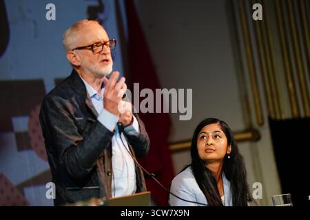 Jeremy Corbyn and Zarah Sultana take part in a discussion on Your Party, their new political party, at The World Transformed conference, at Niamos Radical Arts Centre in Hulme, Manchester. Picture date: Friday October 10, 2025. Stock Photo