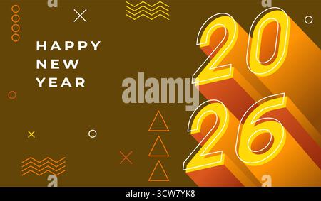 Happe New Year 2026 poster design with voluminous 3d numbers in yellow color. Stylish minimalistic design for 2026 poster Stock Vector