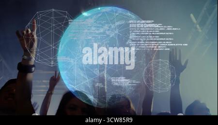 Hovering holographic globe projecting network lines over crowd at dark hall with stage lights, fog. Futuristic, immersive, vibrant, digital, networkin Stock Photo