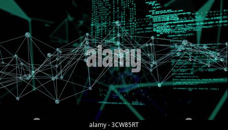 Floating spherical nodes forming network in virtual space, with lines and glowing code overlays. Futuristic, technological, digital, data, virtual, ab Stock Photo