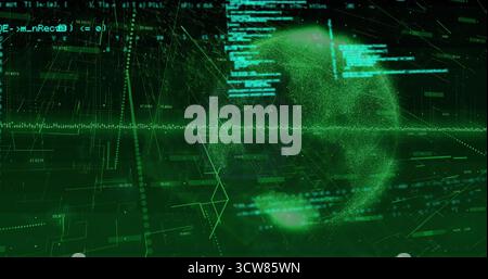 Rotating holographic globe spinning in virtual interface, with grid, labels and streams, copy space. Cyberspace, technology, futurism, innovation, dig Stock Photo