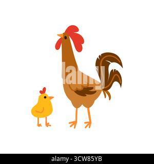 Brown rooster standing with a yellow chick simple flat illustration isolated on white. Domestic birds with red combs and orange beaks Stock Vector