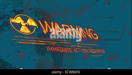 Displaying warning interface on holo UI, with WARNING text, radiation symbol and glitch map overlay. Futuristic, digital, holographic, alert, technolo Stock Photo