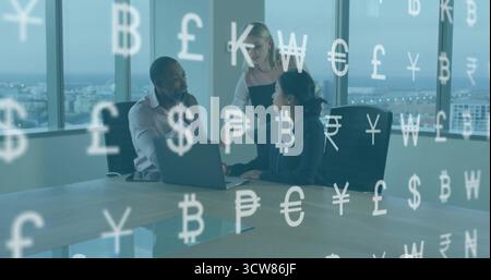 Analyzing three professionals collaborating around laptop in boardroom, with currency icons. Corporate, teamwork, modern, financial, digital, skyline, Stock Photo