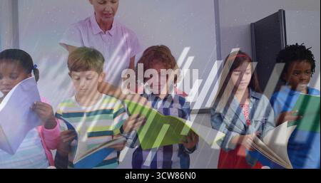 Leading teacher guiding six children reading open books in classroom, with bar chart overlay. Education, children, literacy, learning, organization, a Stock Photo