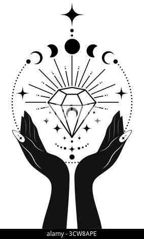 Mystical Moon Phases and sacred gemstone in hands of fortune teller. Magic celestial crystal clipart of yoga, spa, beauty salon, cosmetics, relax Stock Vector