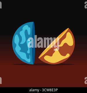 A detailed orange planet halves illustration featuring abstract cosmic design, warm gradients, futuristic style, and modern minimalism, perfect for po Stock Vector