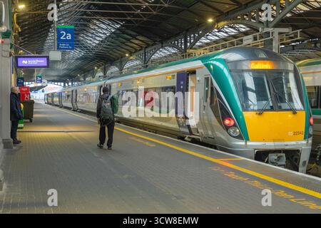 An Irish Rail (Iarnród Éireann) InterCity train bound for Galway is seen at Heuston station in central Dublin. Stock Photo