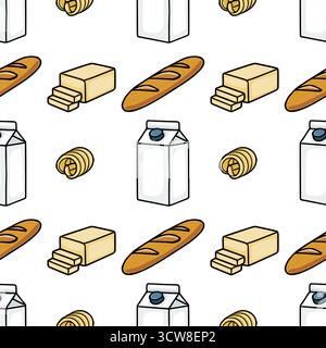 Seamless vector pattern of cartoon-style dairy products and bread, featuring milk cartons, butter blocks and rolls, and baguettes, on a white backgrou Stock Vector