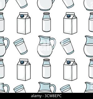 Seamless vector pattern of assorted milk containers, including cartons, bottles, pitchers, and glasses, with a clean, hand-drawn aesthetic. Stock Vector