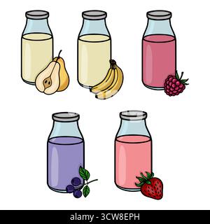 Whimsical cartoon vector illustration of five glass bottles filled with colorful fruit-flavored drinks and accompanied by fresh fruits like pears, ban Stock Vector