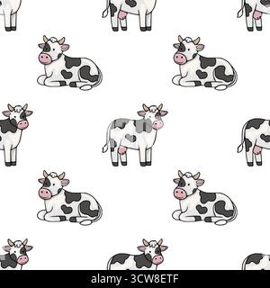 Whimsical seamless vector pattern featuring adorable cartoon Holstein cows in various poses against a clean white background, perfect for dairy-themed Stock Vector