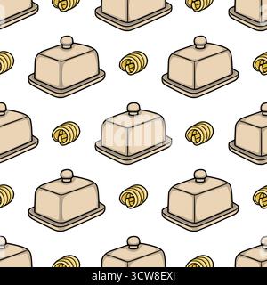 Seamless vector pattern featuring isometric butter dishes and rolled butter curls, rendered in a simple, clean, and charming illustrative style with a Stock Vector