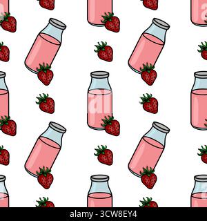 Seamless vector pattern of pink strawberry milk bottles and whole strawberries. Stock Vector