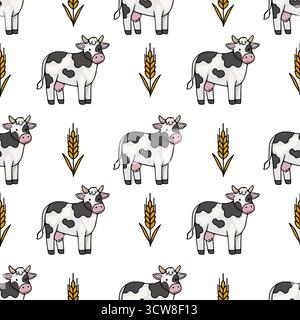 Seamless vector pattern featuring charming black and white cows and golden wheat stalks on a clean white background, evoking a pastoral farm theme. Stock Vector