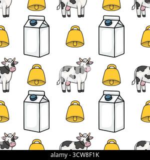 A charming seamless vector pattern featuring playful cartoon cows, bright yellow bells, and crisp white milk cartons on a clean white background, perf Stock Vector