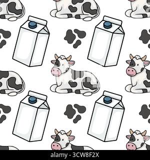 Seamless vector pattern featuring cartoon cows and milk cartons with white background and black spots Stock Vector