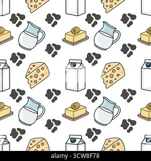 A charming seamless vector pattern featuring dairy products like milk, cheese, and butter, interspersed with playful cow spots on a white background. Stock Vector
