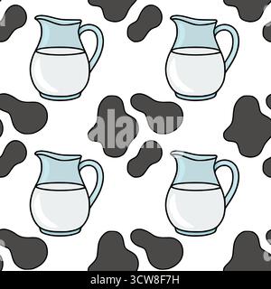 Seamless vector pattern featuring milk jugs interspersed with black cow spots on a white background, celebrating dairy and farm aesthetics. Stock Vector