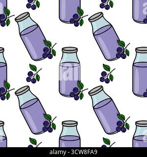 Seamless vector pattern of purple blueberry juice in glass bottles with fresh blueberries on branches against a white background. Stock Vector