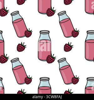 Seamless vector pattern of pink raspberry drinks in glass bottles with fresh raspberries, perfect for food and beverage branding. Stock Vector