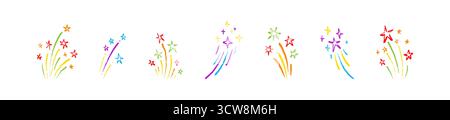 Set of colorful crayon firework icons. Hand drawn cute line doodle kid pencil pastel drawing. Confetti, bling, twinkle, glint celebration sketch symbo Stock Vector