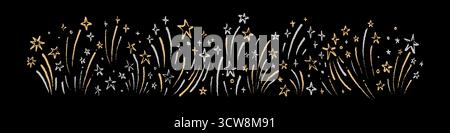 Hand drawn crayon night firework background. New Year, Christmas, birthday, anniversary, celebration festive gold and silver border. Chalk sketch draw Stock Vector