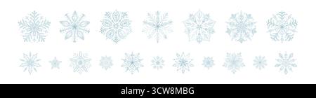 Big set of blue filigree victorian whimsical snowflakes on white background. Freeze, frost, blizzard, snowfall, snowstorm winter design elements. Merr Stock Vector