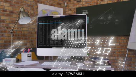 Displaying all-in-one monitor running code overlaying binary digits in brick office, keyboard mouse. Technology, innovation, creativity, workspace, di Stock Photo