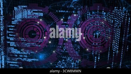 Displaying two concentric purple HUDs floating over neon grid in cyberspace, with cascading code. Futuristic, cyberspace, digital, visualization, tech Stock Photo