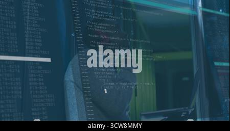Studying code overlay on glass display panel, man wearing sweater in data center, with server racks. Technology, cybersecurity, innovation, digital, n Stock Photo