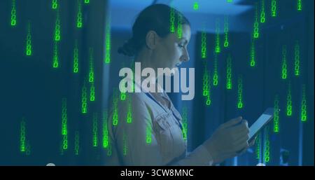 Analyzing IT tech using tablet at servers, LEDs and binary overlay in data center, copy space. Technology, cybersecurity, innovation, data, digital, p Stock Photo