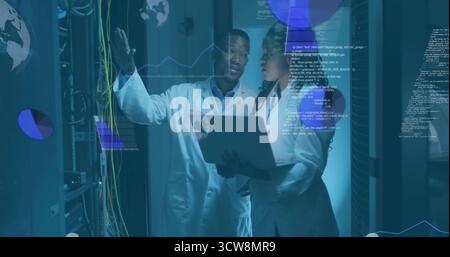Gesturing IT professionals diagnosing network cables at data center, with laptop and data overlays. Technology, innovation, digital, cybersecurity, in Stock Photo