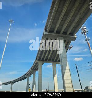 A high overpass curving to the left on a highway in Houston, viewed from below Stock Photo
