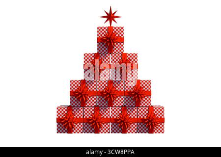 Red gift boxes stacked in a pyramid resembling a christmas tree for the holiday celebration. 3d rendering Stock Photo