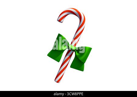 A red and white striped candy cane adorned with a green bow, representing Christmas. 3d rendering Stock Photo